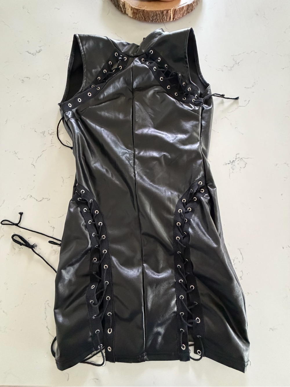 Black Faux Leather Lace-Up Bodycon Dress